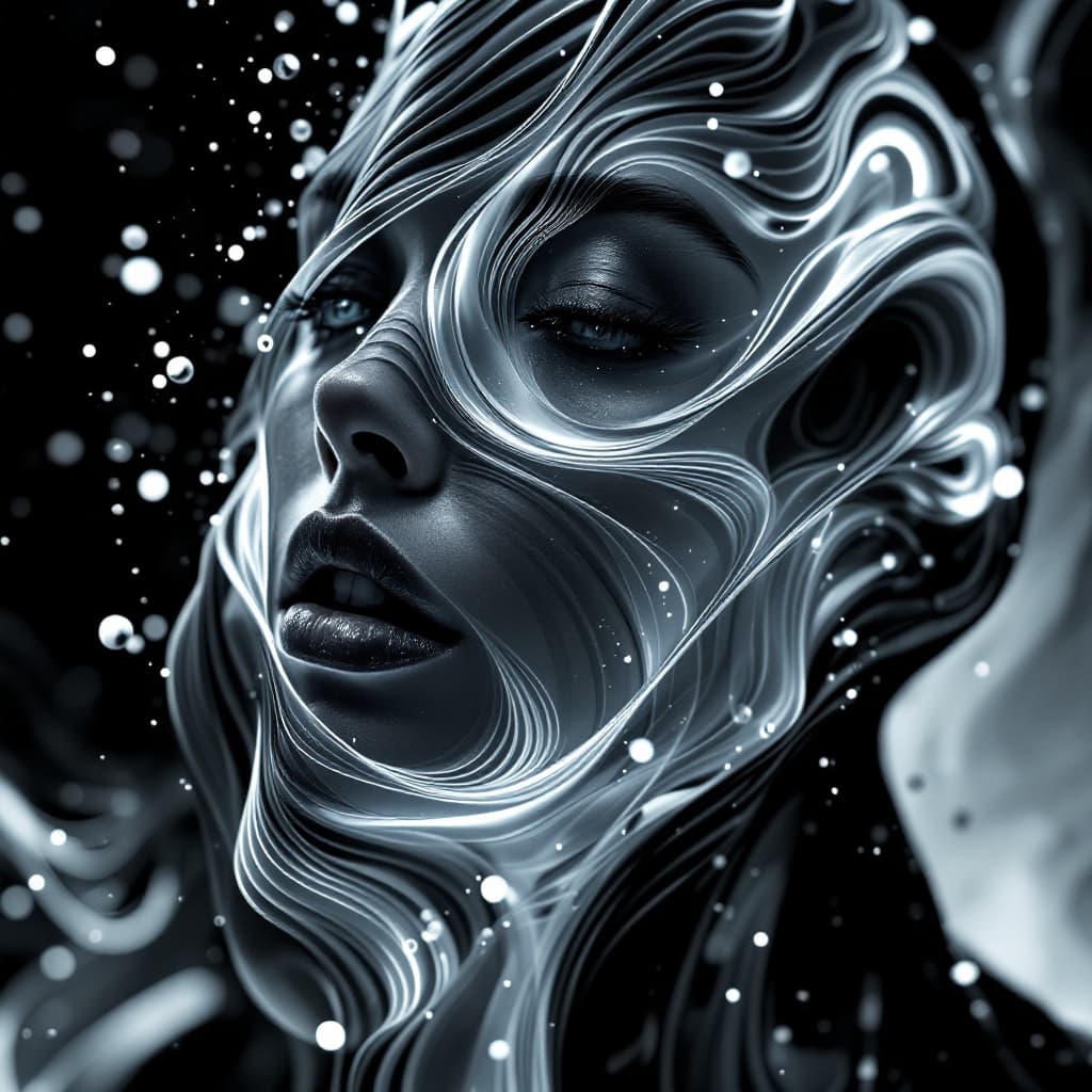 AI generated: Hyper-realistic futuristic portrait of a woman seamlessly merging with a three-dimensional abstract ...