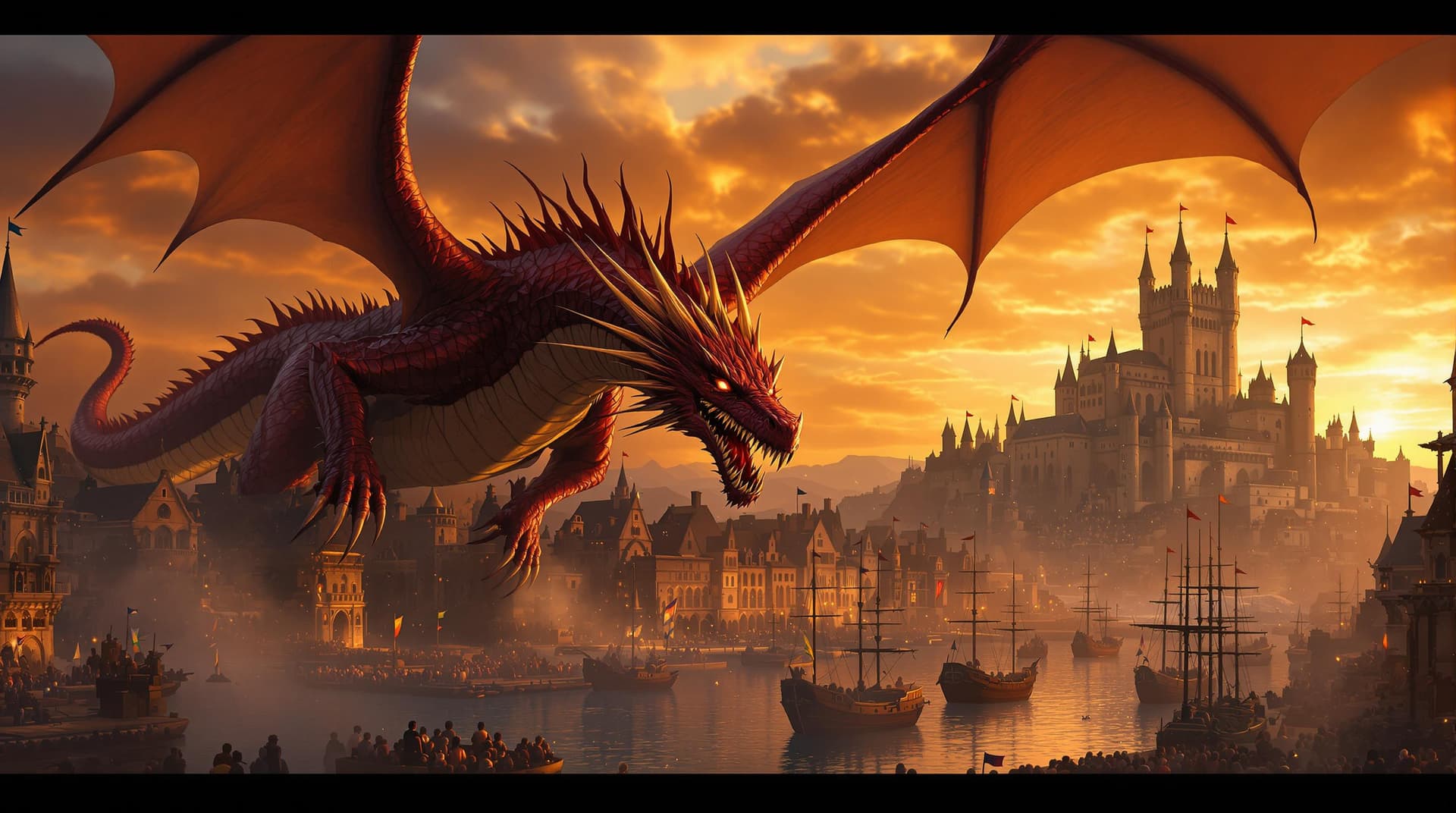 AI generated: a fantasy scene of a dragon soaring over a harbor city. The dragon is a large, fire-breathing reptil...
