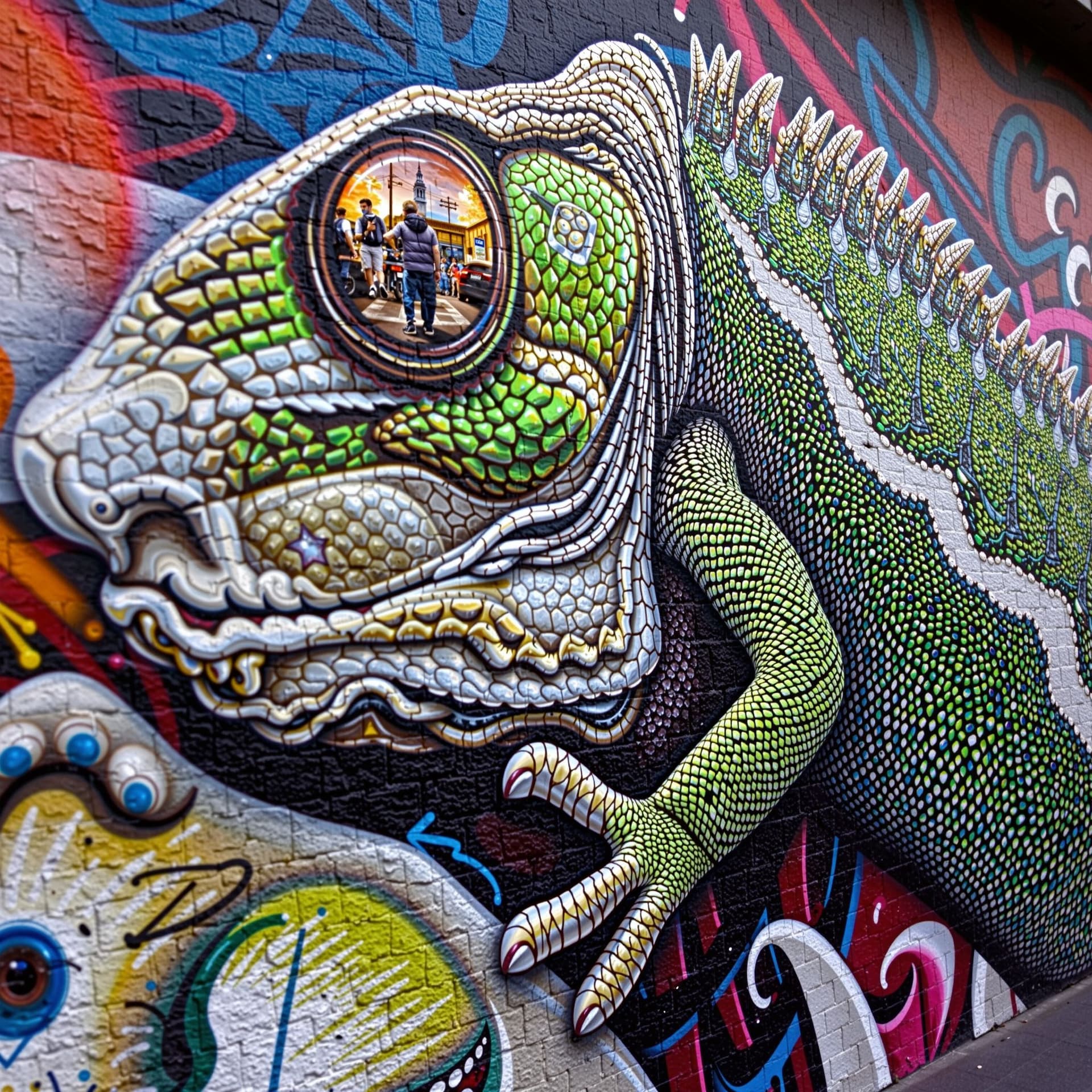 AI generated: Giant, hyperrealistic chameleon seamlessly blending into a graffiti-covered urban wall, its eye refl...