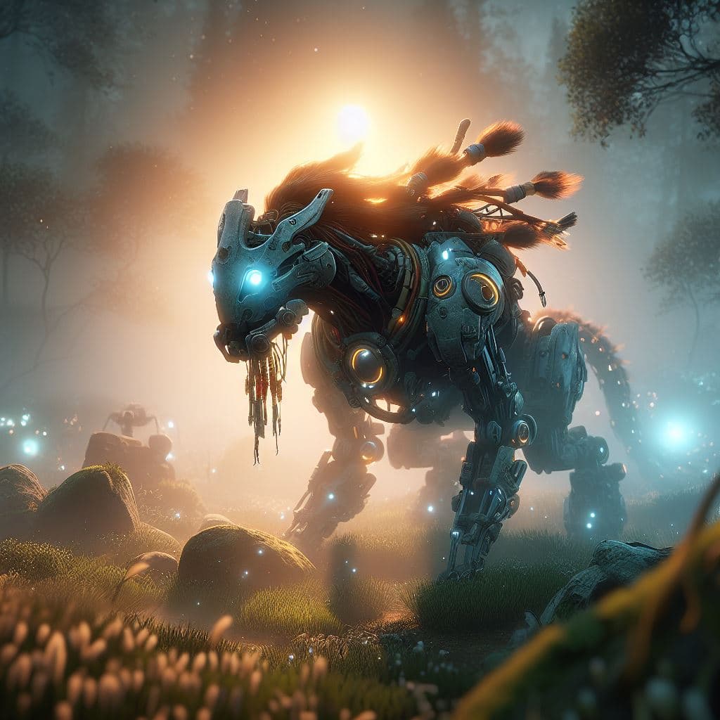 AI generated: aloy,Horizont zero dawn,photorealistic, glow,misty, very high detailed, cinematic scene, robot anima...