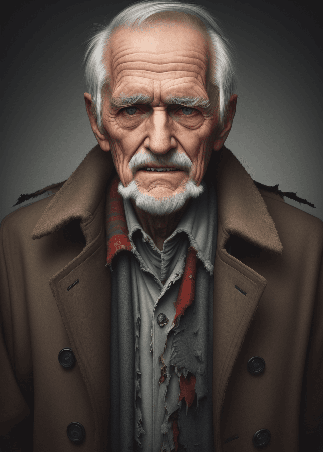 AI generated: Portrait of old man wearing torn overcoat, 8k
