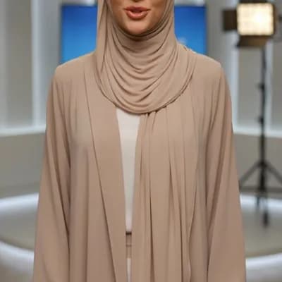 AI generated video: A medium shot of a specific Middle Eastern female TV presenter in her late 20s with defined jawline ...