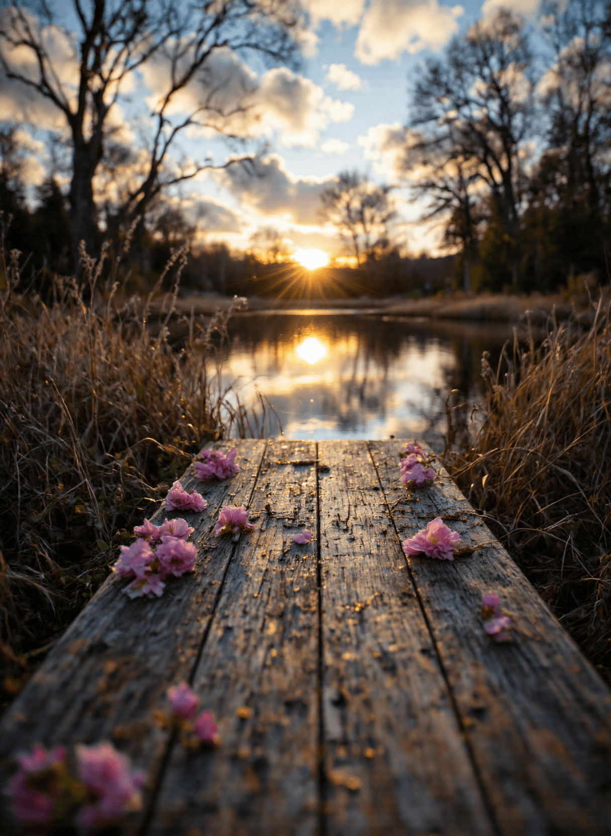 AI generated: The image depicts a serene natural scene at sunset. A wooden boardwalk extends across a calm body of...