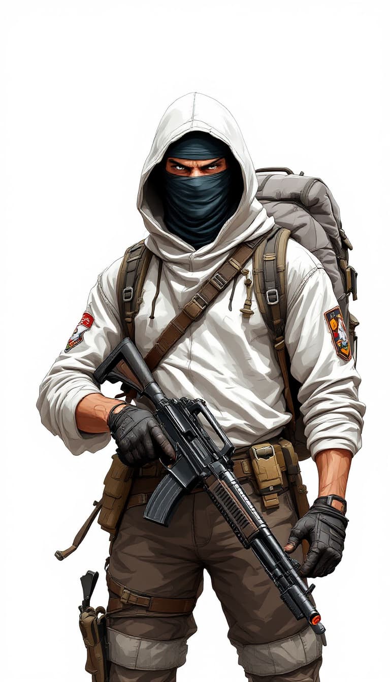 AI generated: Full body shoot image of an animation male hooded character with covered mouth bandana holding a gun...