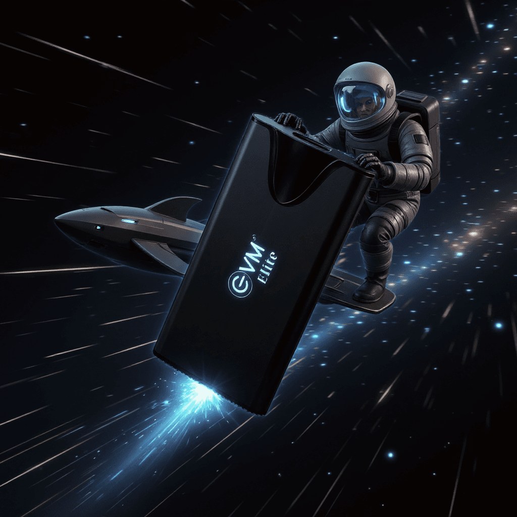 AI generated: "A futuristic external SSD glowing with a neon blue aura, flying through outer space like a rocket. ...