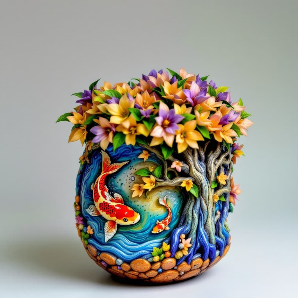 AI generated: 3D HDR Ceramic pottery planter box featuring on the side as a relief a magical whimsical fey tree wi...