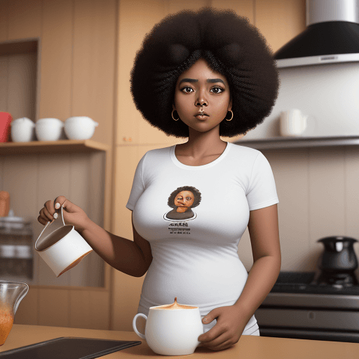 AI generated: black woman in a white t-shirt, ethiopian, making coffe,, afro hair, very fat, big brown eyes, samya...