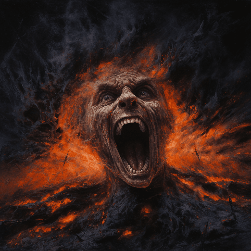 AI generated: The image features a man with a demonic appearance, screaming with his mouth wide open. He is surrou...