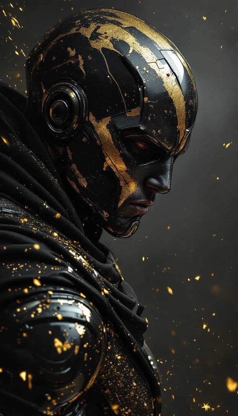 AI generated: a man in black with silver paint covering him, in the style of dark gold and bronze, comic art, futu...