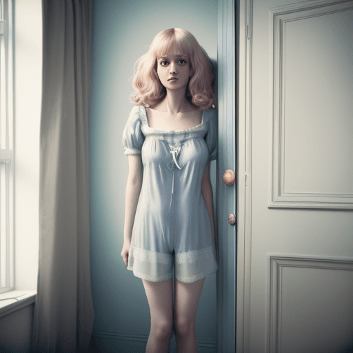 AI generated: a woman wearing a nightie and shorts standing in bedroom, in the style of Oleg Oprisco, video, Jocel...