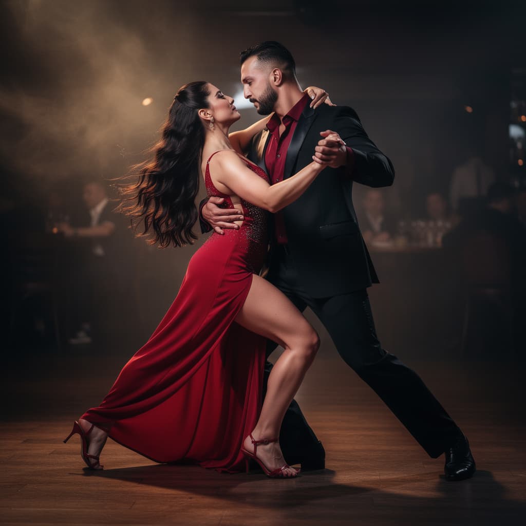 AI generated: A passionate Argentine tango couple in a dramatic dance position. The man wears a sharp black suit w...