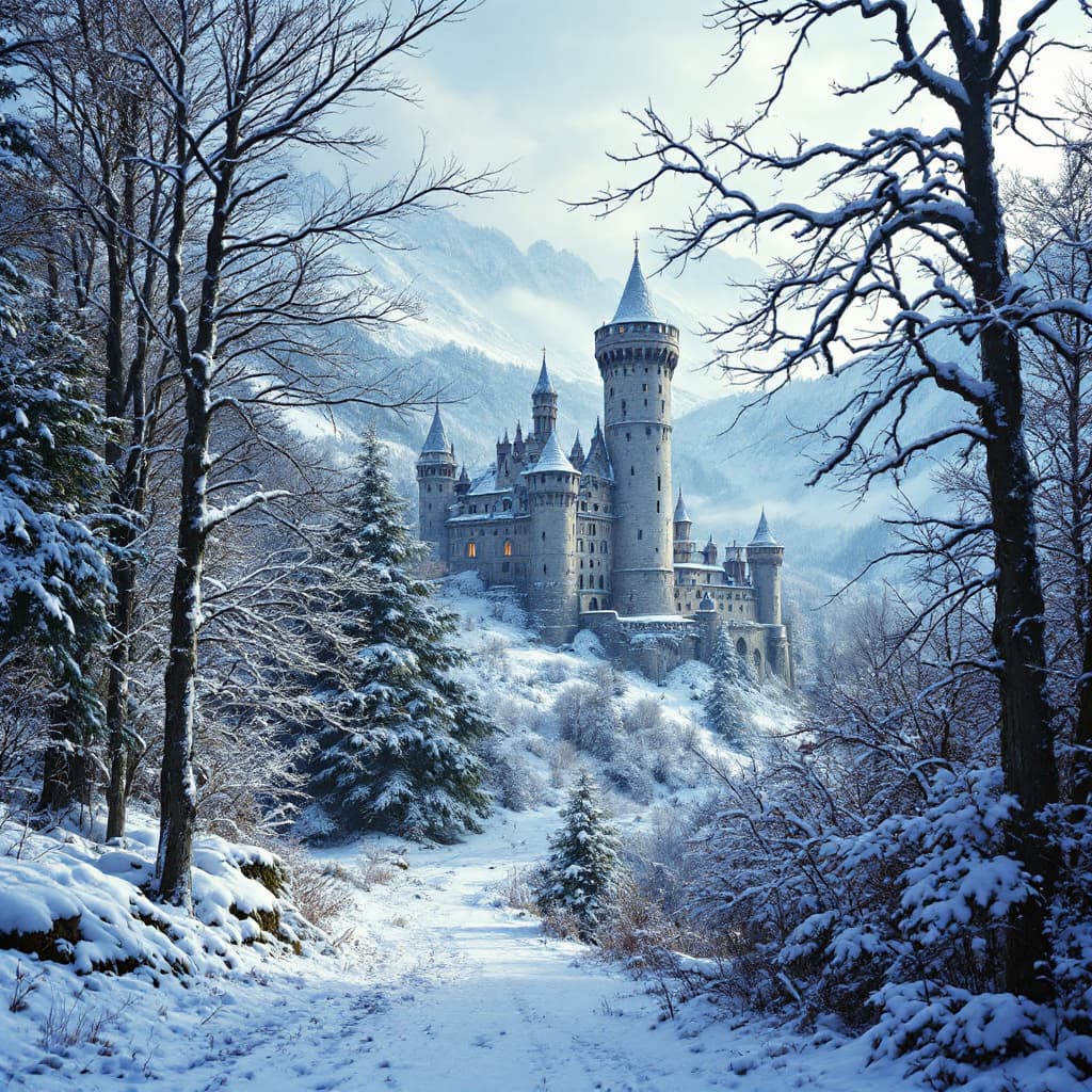 AI generated:  hyper-realistic wide shot  (fabled character tale1:3) a castle, winter. shot on Hasselblad . A cast...