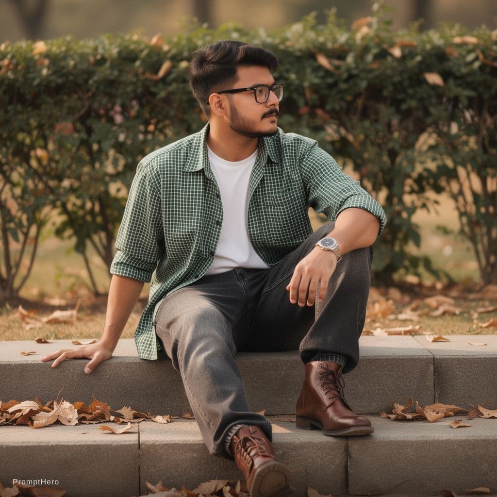 AI generated: A candid, photorealistic outdoor portrait of a young South Asian man sitting casually on wide concre...