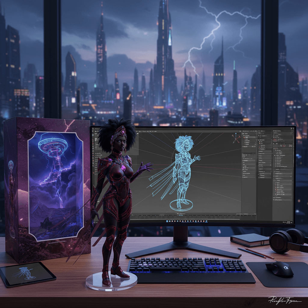 AI generated: Transforming the photographed person into a realistic 3D figurine in front of a computer desk. The c...