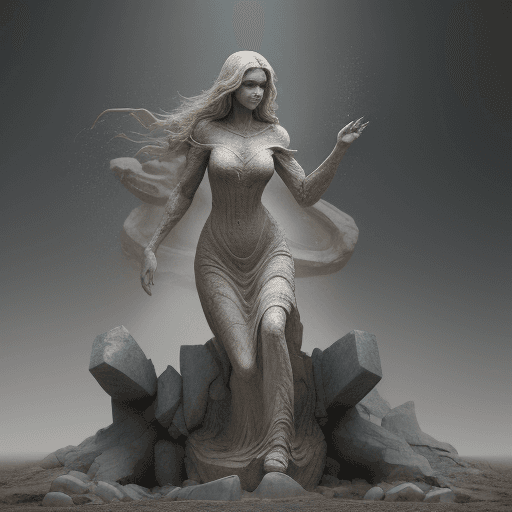 AI generated: she is a gorgeous woman-like being created out stone ((she is coming out from the ground), dust danc...
