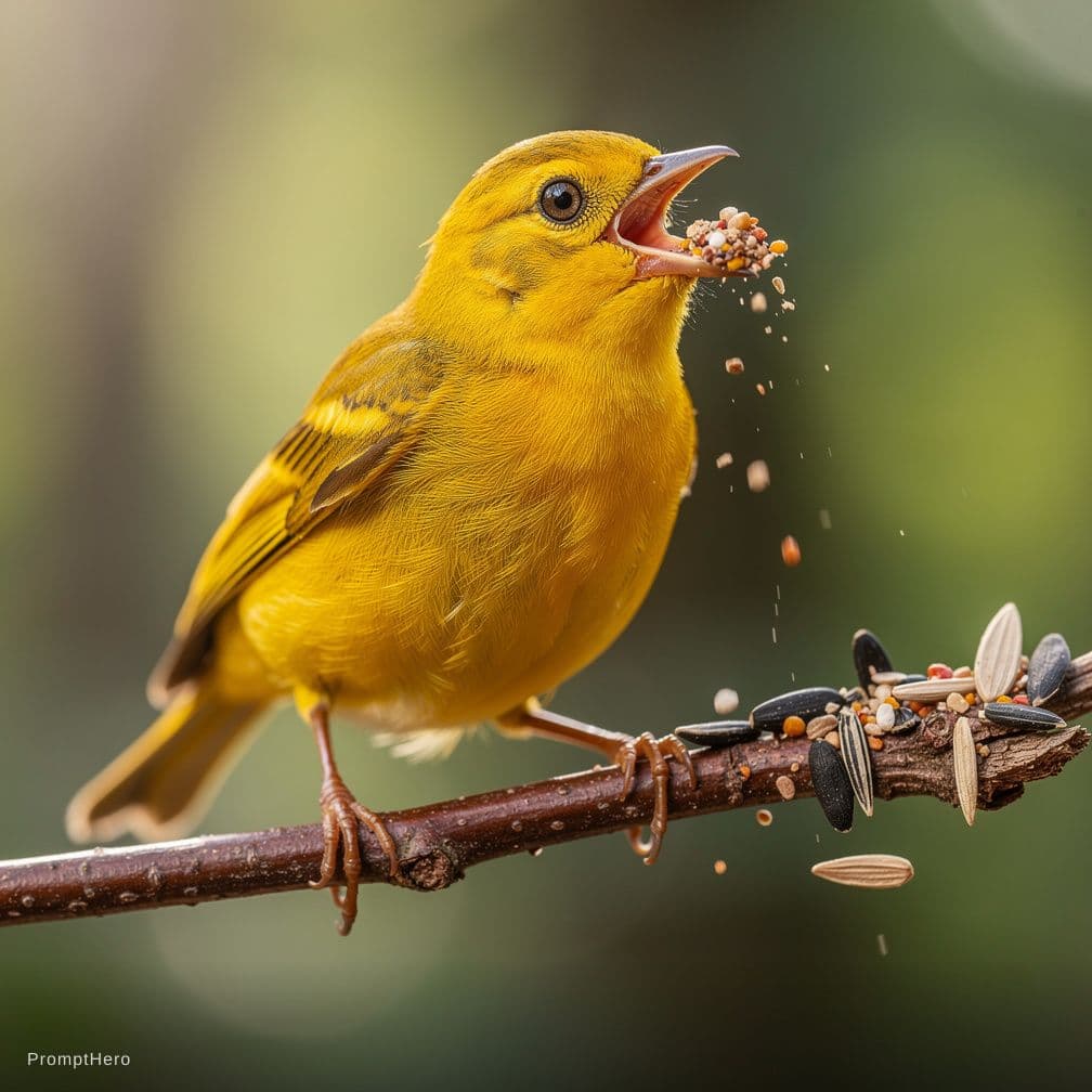 AI generated: a YELLOW SMALL BIRD ON A BRANCH SHOWING HAPPINES MEANWHILE EAT SEEDS