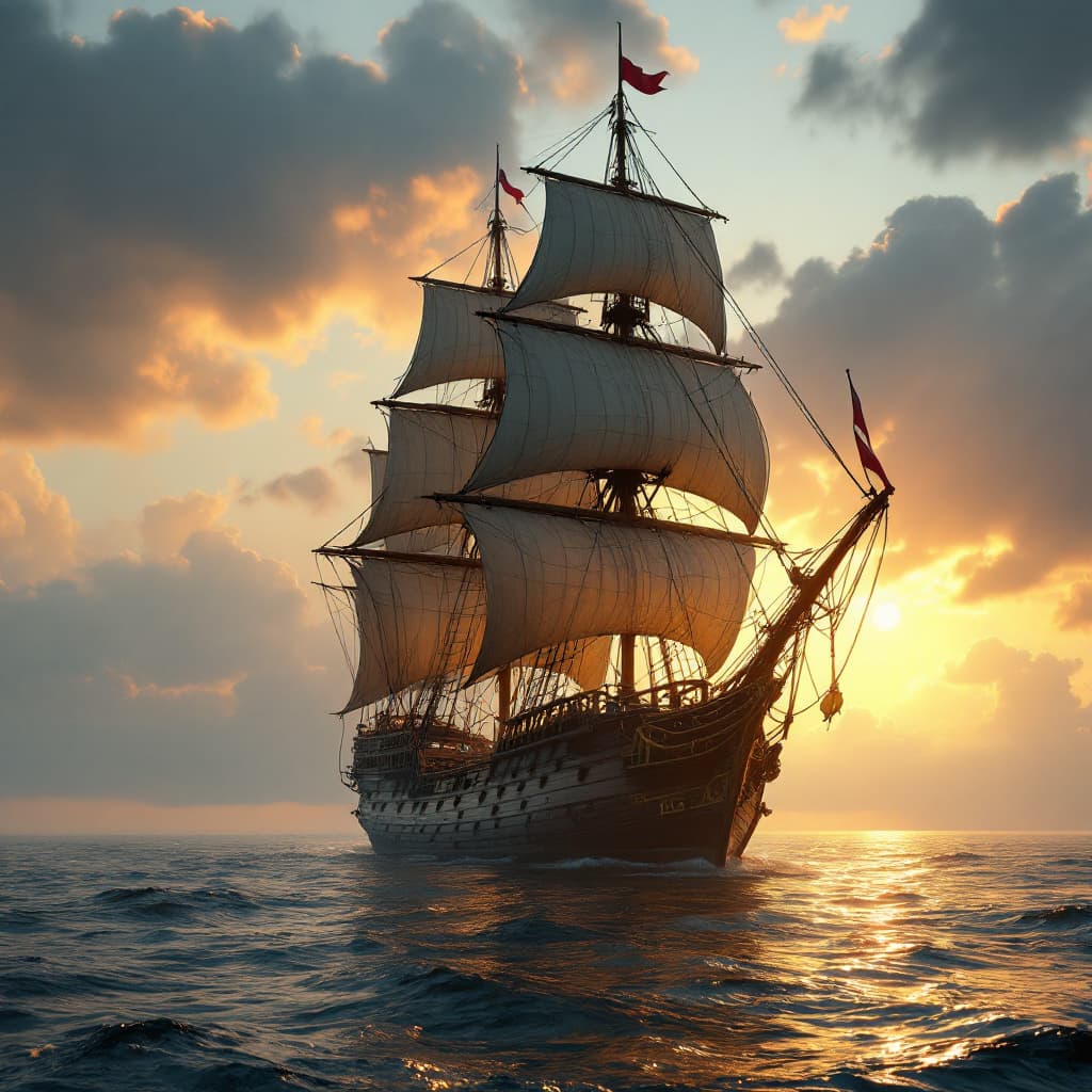 AI generated: Photo of a ultra realistic sailing ship, dramatic light, pale sunrise, cinematic lighting, battered,...