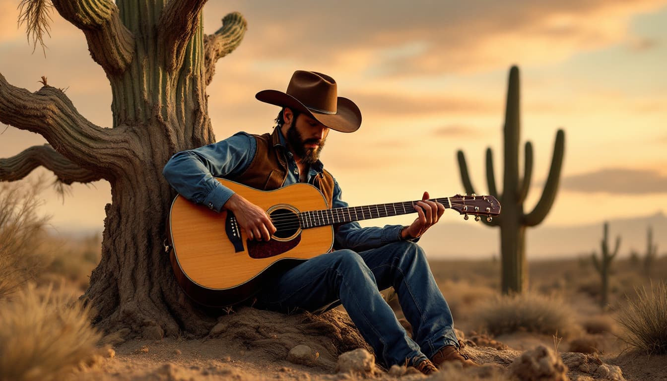 AI generated: Estilo: western. Escenario: desierto al atardecer con cactus. 
Un hombre con una guitarra está apoya...