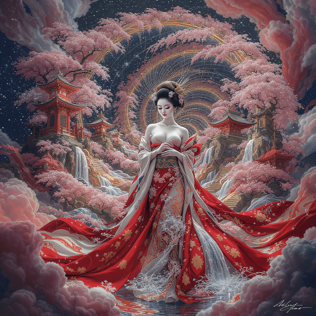 AI generated: At the heart of the artwork is a graceful and mysterious geisha. Her body, a mesmerizing fractal spi...