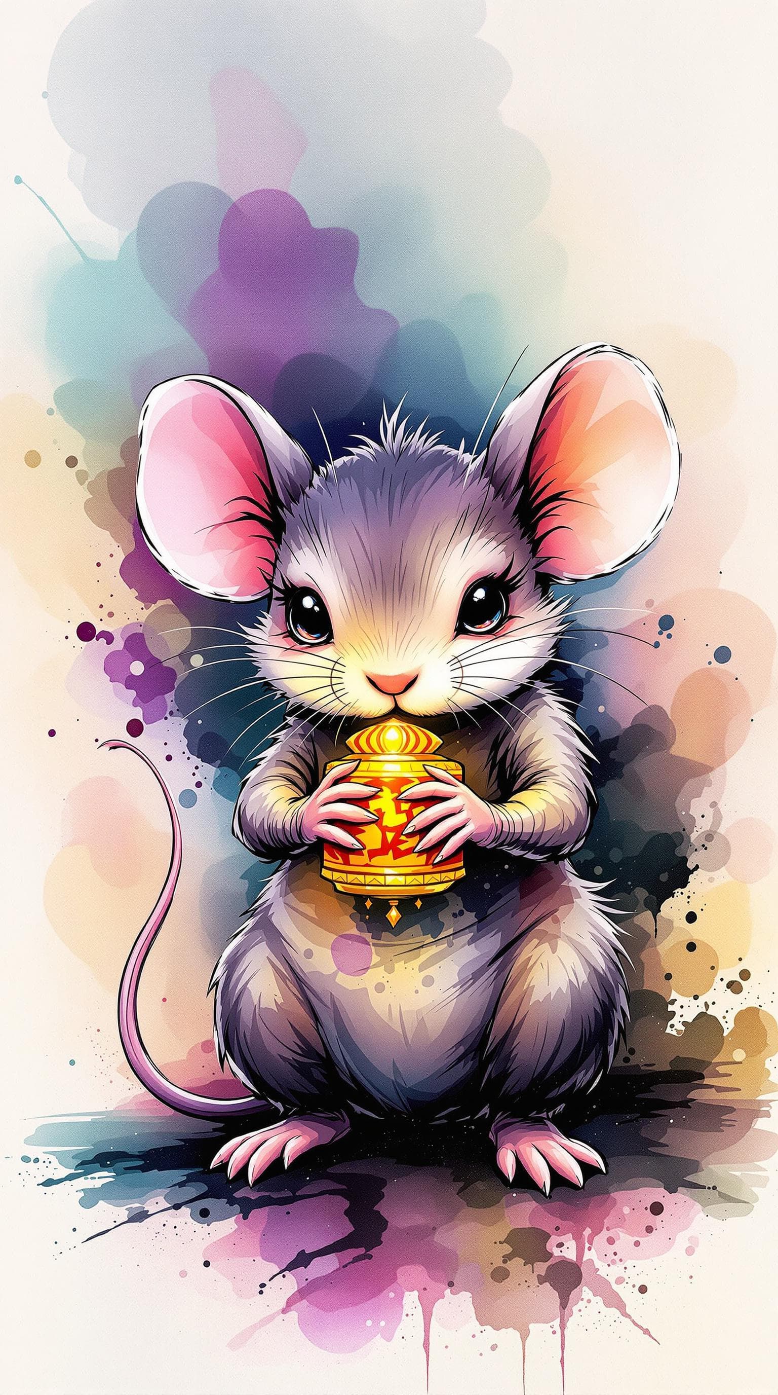 AI generated: cute Mouse with straight face grabing a protective talisman, detailed, ink style, Ink splash art on ...