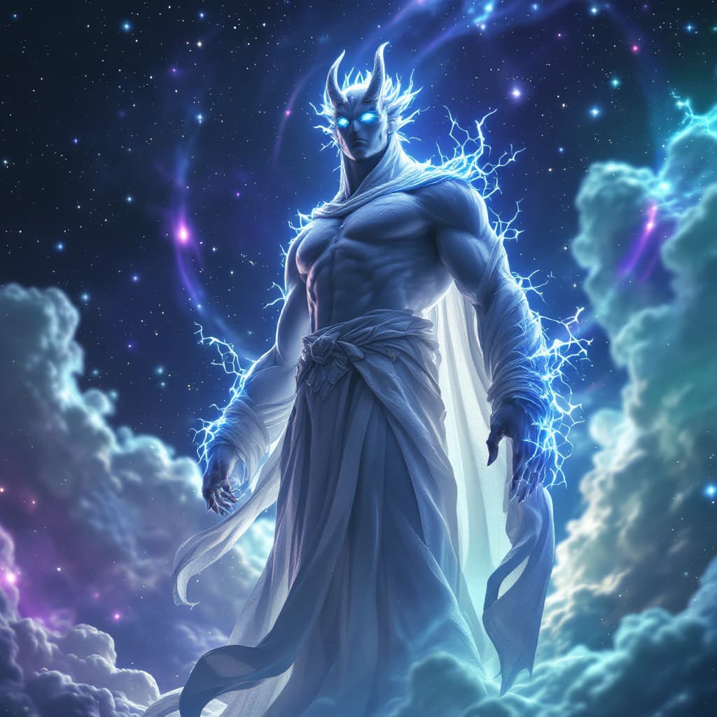 AI generated: God of Healing and sickness, full-body, Etherial, muscular, ((No mouth or hair)), Glowing blue and g...