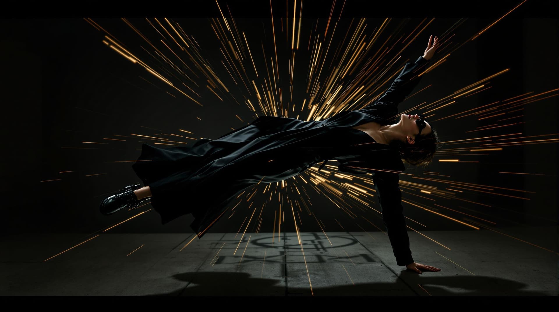 AI generated: It's a dynamic and dramatic scene with a Woman dressed in a black form-fitting outfit including a sl...
