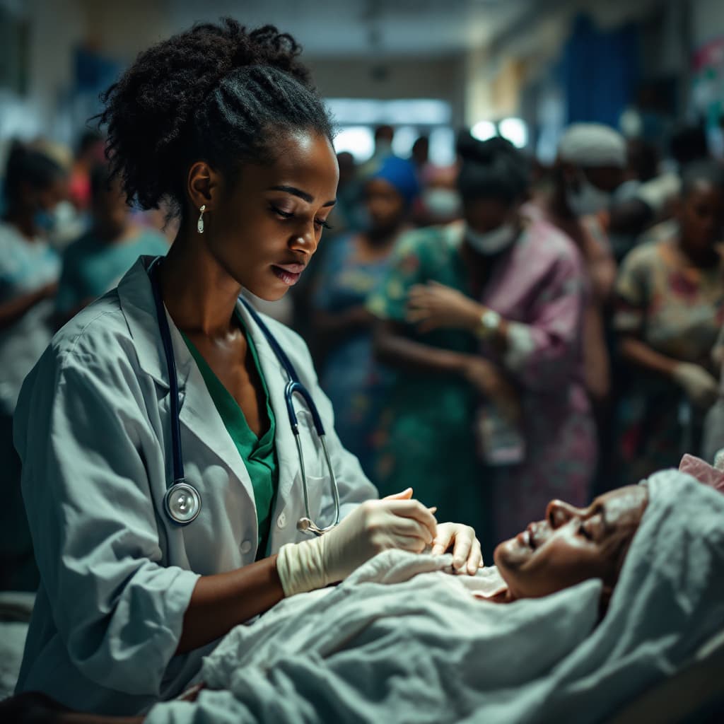 AI generated: An African female medical doctor at an overcrowded emergency room full of sick patients with a steth...