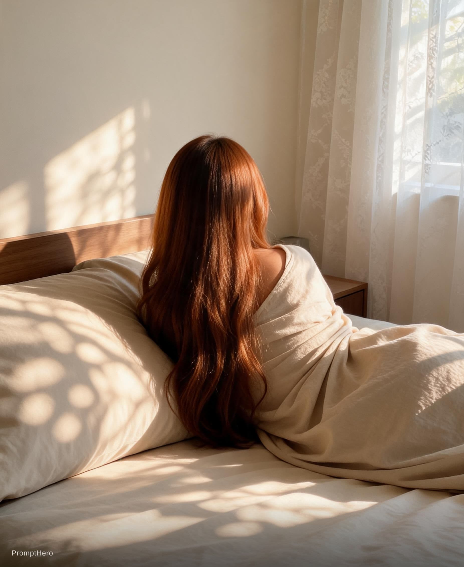 AI generated: A photorealistic, high-detail image of a woman with long, flowing copper hair, seen from a rear view...