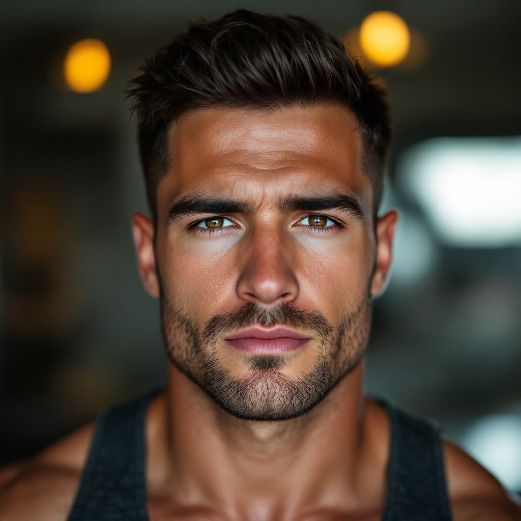 AI generated: A male in his 20's,muscular, face is very masculine.  the width of his chins is wide,his eyes are ho...