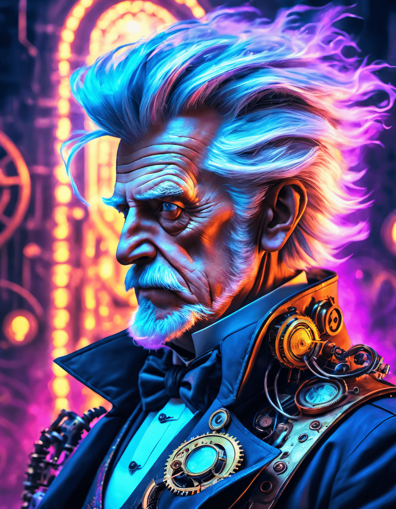 AI generated: Masterpiece, Best Quality, Teslapunk portrait , an old man , Dramatic hairstyle, electrified coils, ...
