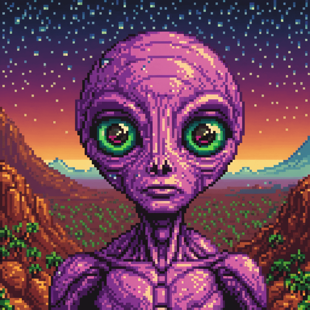 AI generated: an alien made of crystal::2 big shiny black eyes, soulful eyes::planet in the background --v 4 --q 2...