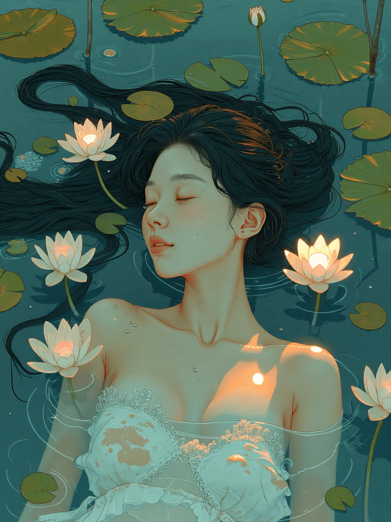 AI generated: Hyperrealistic top-down view of a serene woman floating on her back in the still waters of a tranqui...