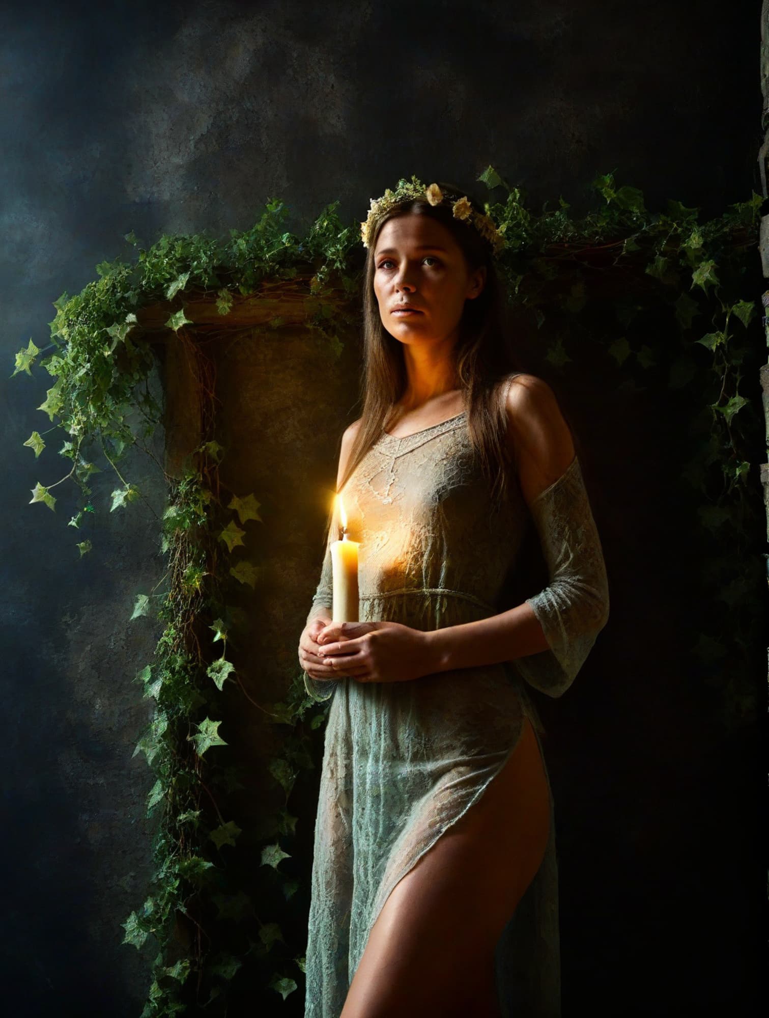 AI generated: From below view. Low warm backlight, misty scene of a woman with long hair with flowers crown, she s...
