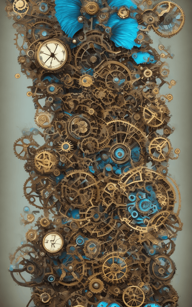 AI generated: (3D steampunk clockwork fantasy whimsical monster:1.3), inspired by (Bella Kotak), rich gold and cya...