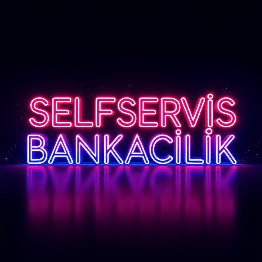 AI generated: A 3D digital art rendering of the word 'SELFSERVİS BANKACILIK' in Italic bold format, in a neon, fut...