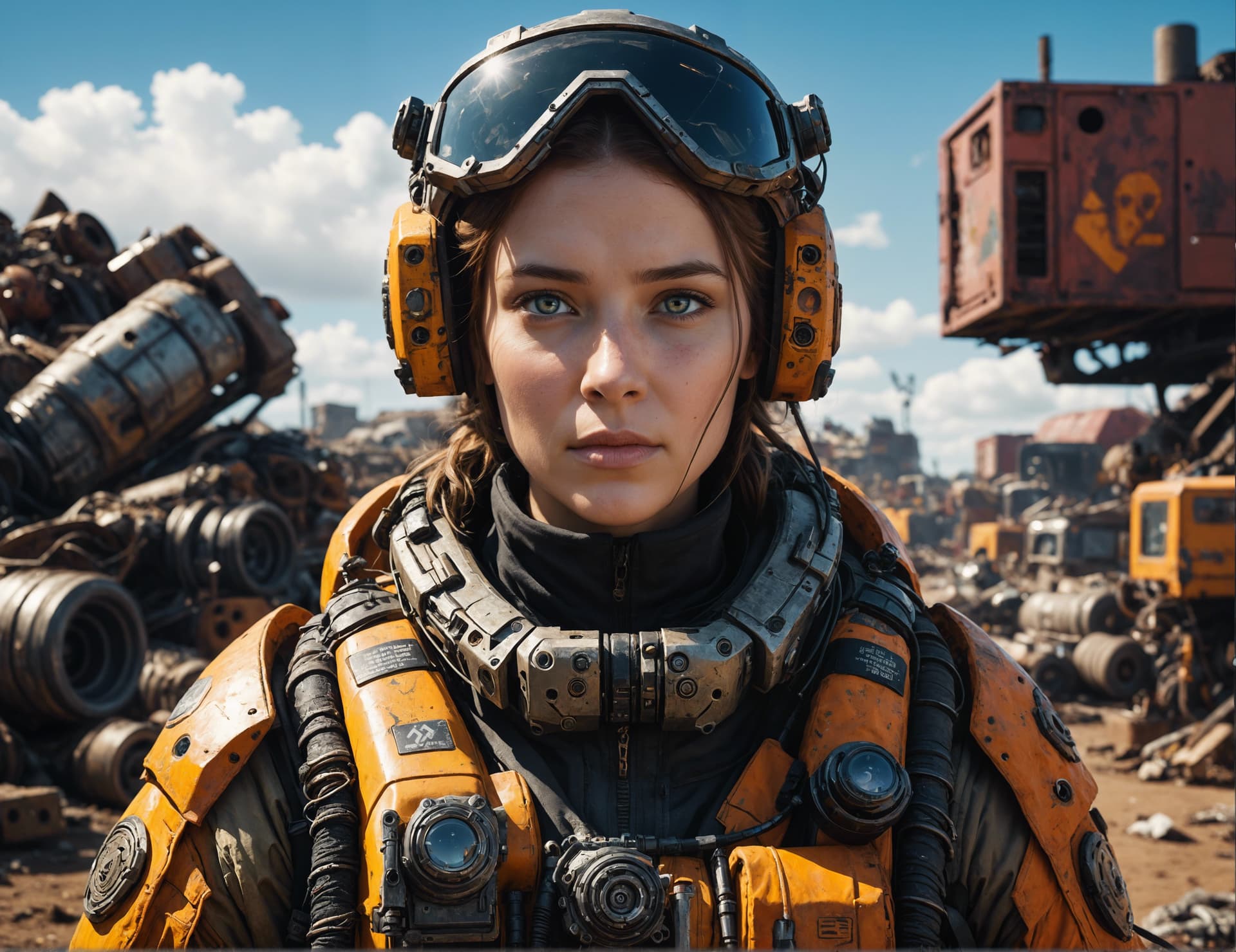 AI generated: a mid distance portrait of woman wearing a survival outfit, lots of gear, Junkyard in the background...