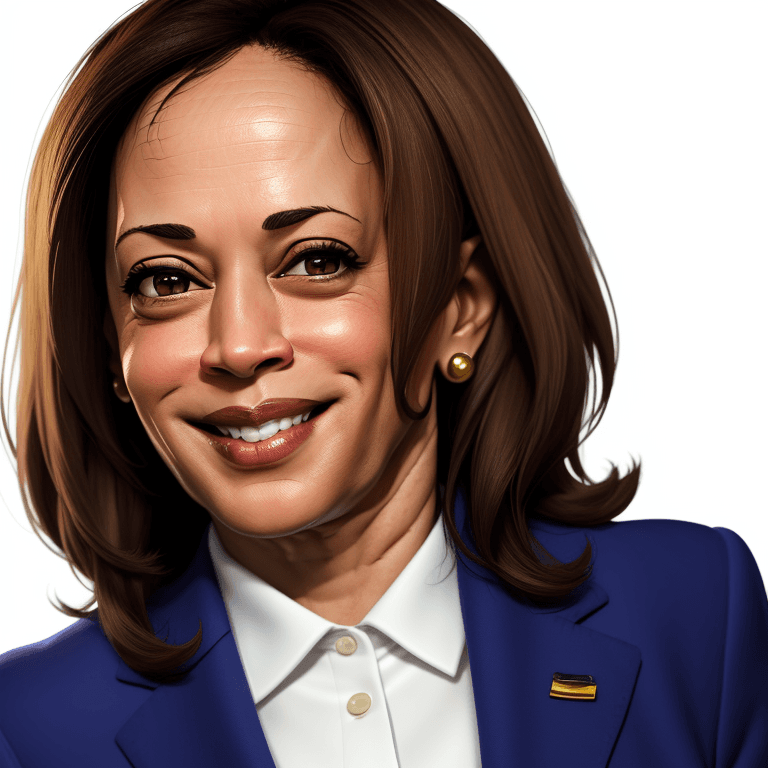 AI generated: cartoon kamala harris headshot, looking into camera, white background, smiling, 4K, wearing a suit
