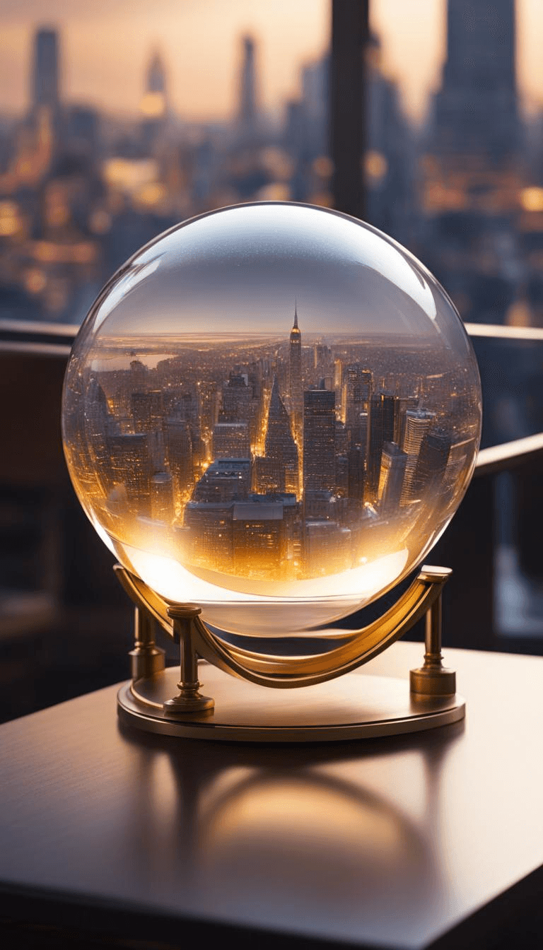 AI generated: A Crystal ball with a futuristic city, sitting on a brass stand on a desk, amber dim lighting, Hyper...