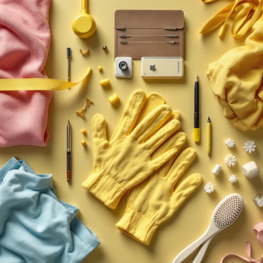 AI generated: a flat lay photography of a professional office cleaner outfit knolling :: Wes Anderson color palett...