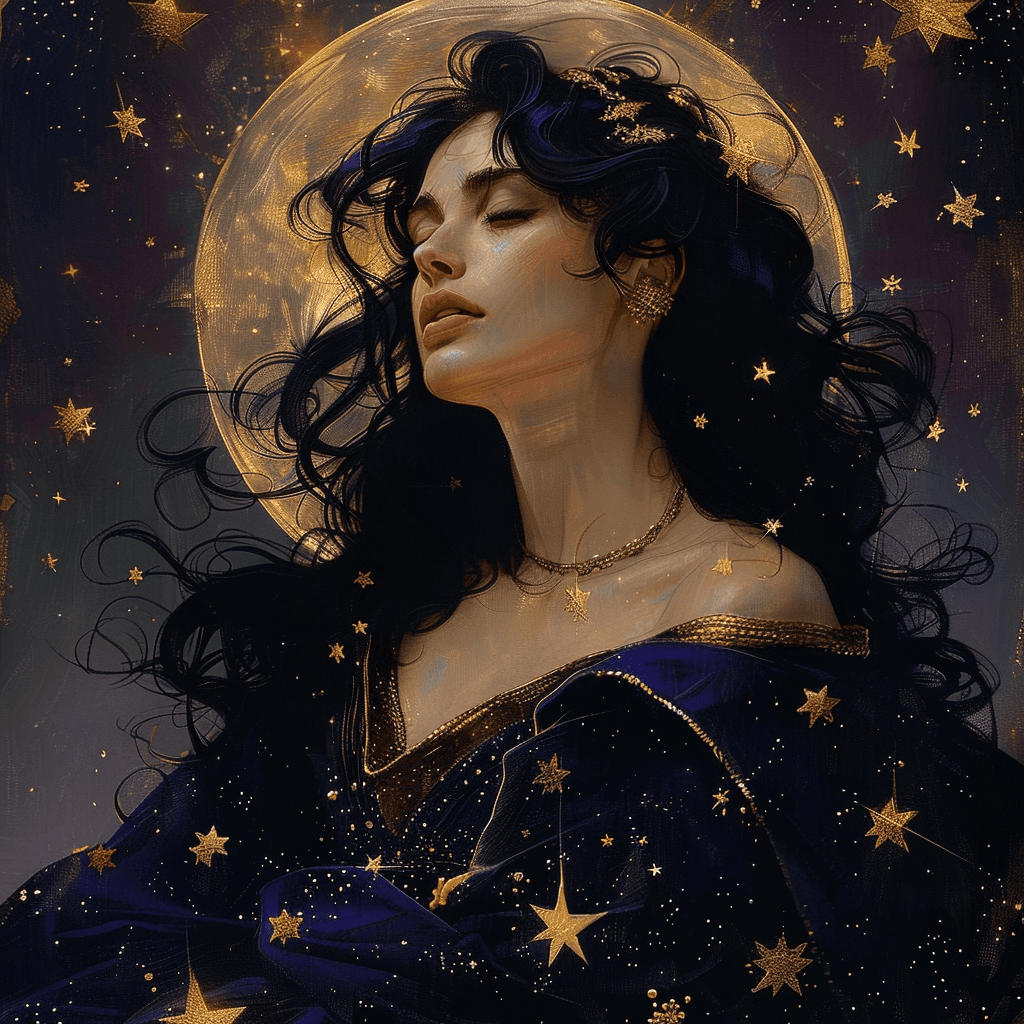 AI generated: the queen of the stars has black hair and eternal power, purple and gold --s 750