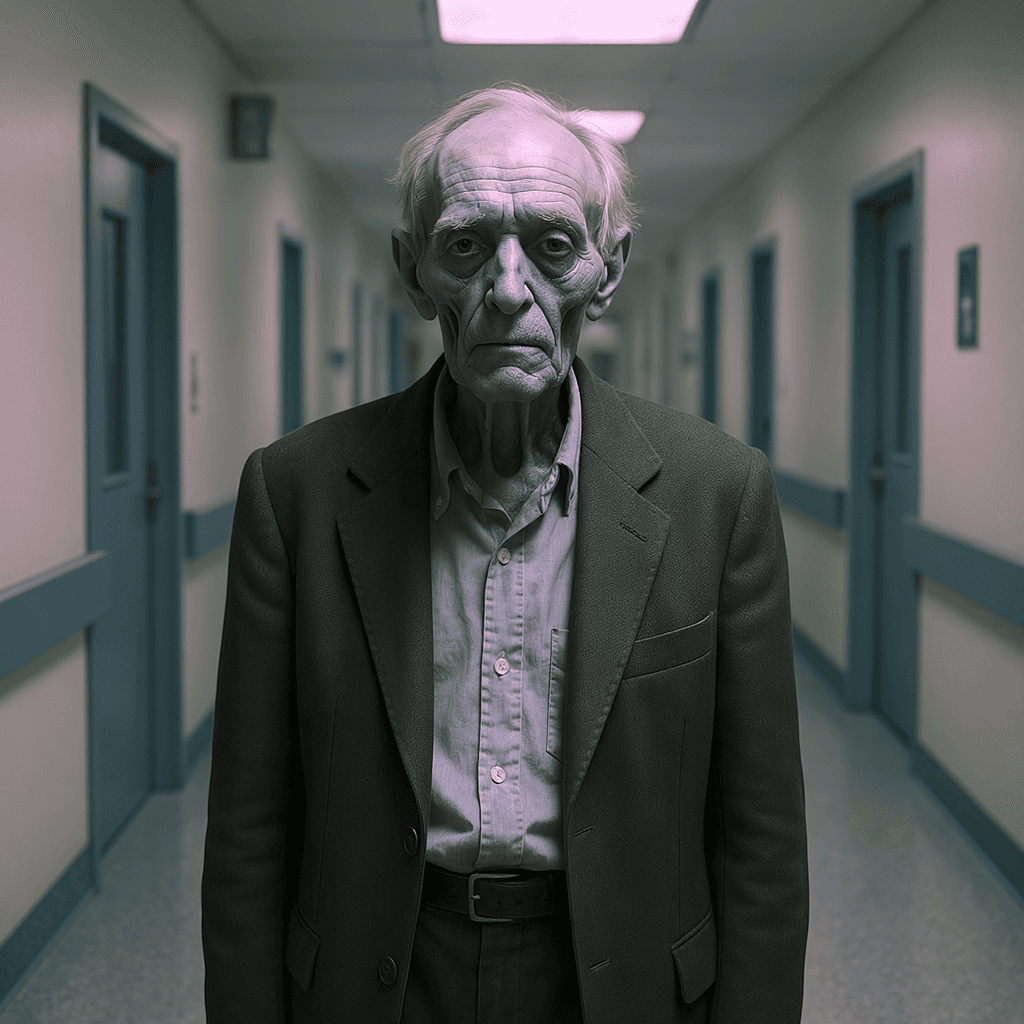 AI generated: A soul of an old man stands on a hospital corridor.