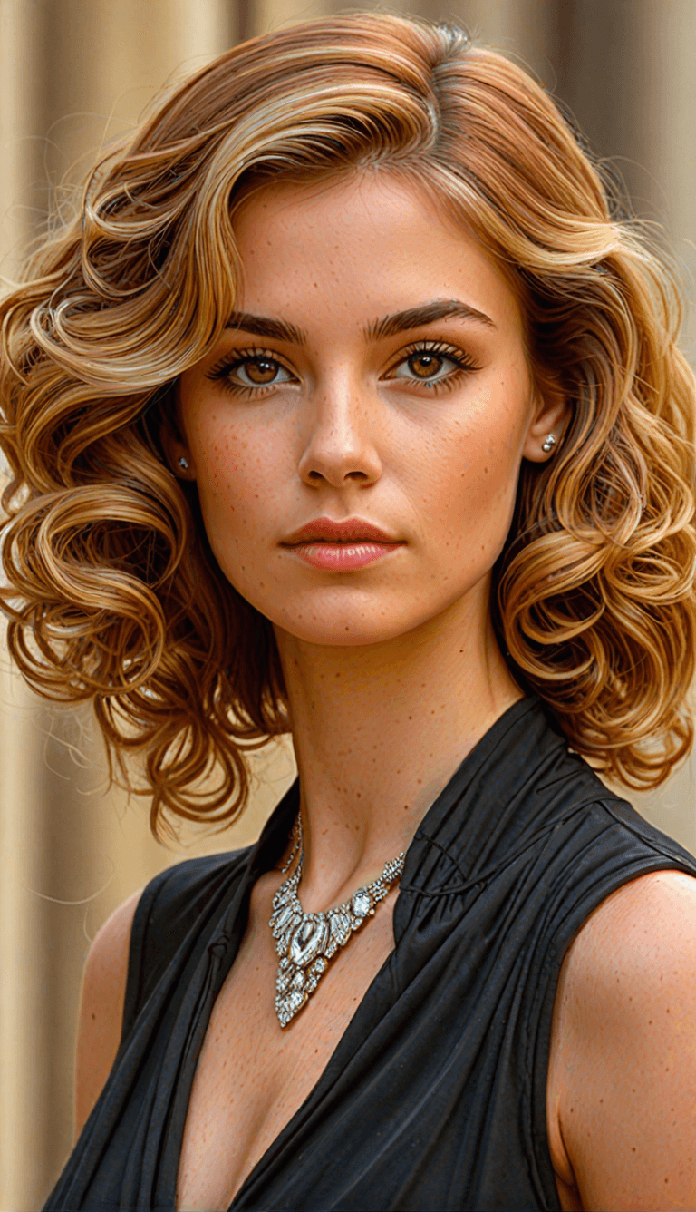 AI generated: An image of a woman with shoulder-length curly hair highlighted in blonde, fair freckled skin, and h...