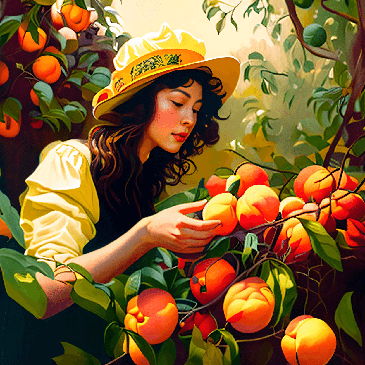AI generated: painting of a woman picking peachs from a tree with a hat, she is easting a peach, heather theurer, ...
