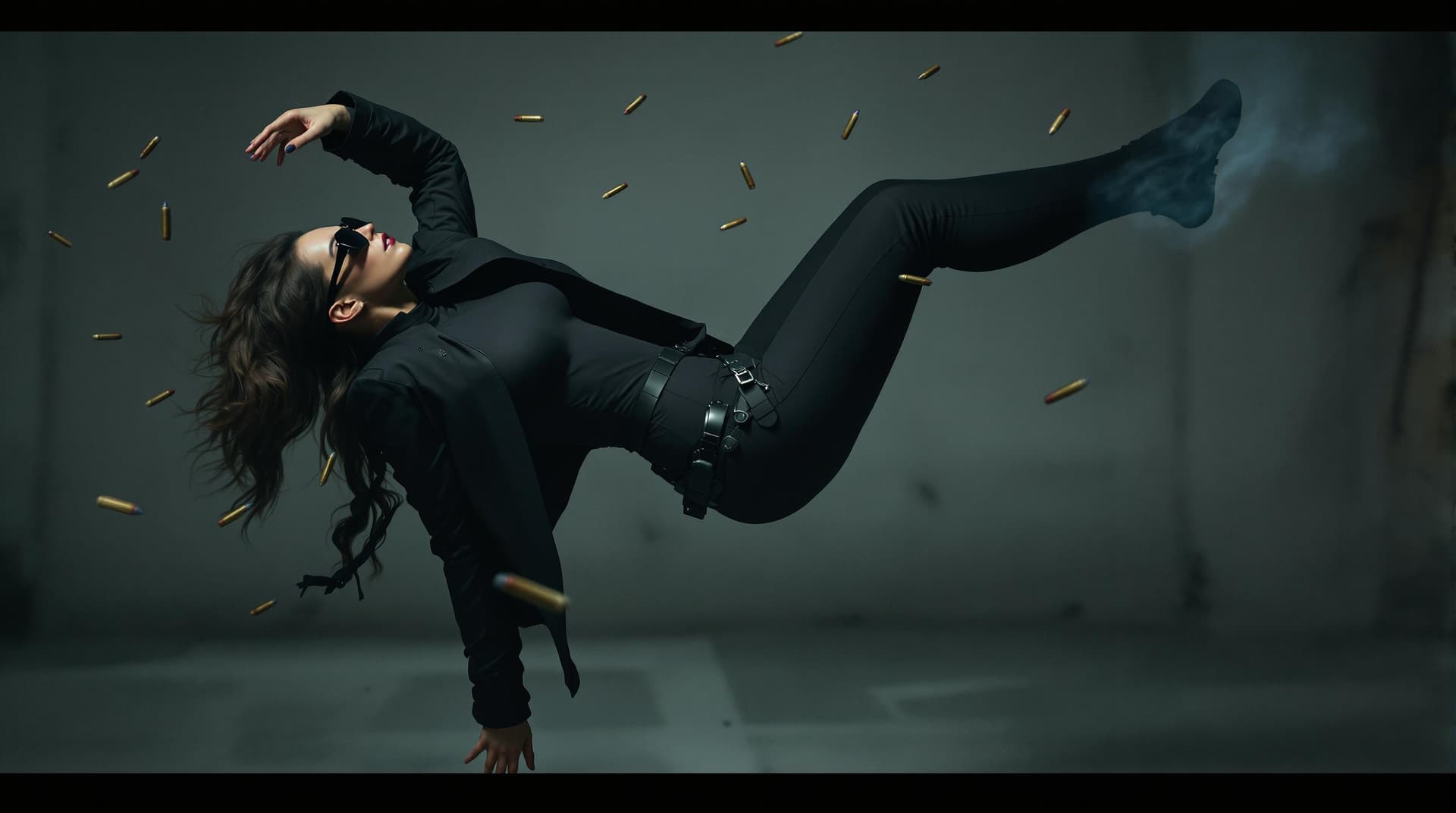 AI generated: It's a dynamic and dramatic scene with a Woman dressed in a black form-fitting outfit that includes ...