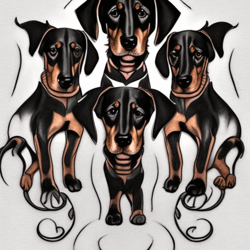 AI generated: Please draw a picture of a black and tan dachshund as Cerberus the three-headed dog for a tattoo des...