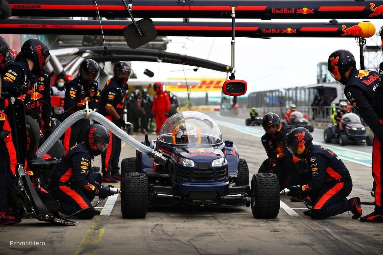AI generated: A Formula 1 race. Lawnmowers replace the cars. In the pit stop, a driver waits for a tire change and...