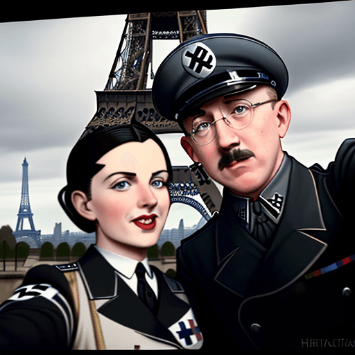 AI generated: Adolf Hitler and Heinrich Himmler taking a selfie infront of the Eiffel Tower. symmetrical hyper rea...