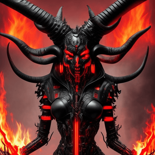 AI generated: Full-body image of Cybernetic demon woman with large ram horns on her head and bits of black metal p...