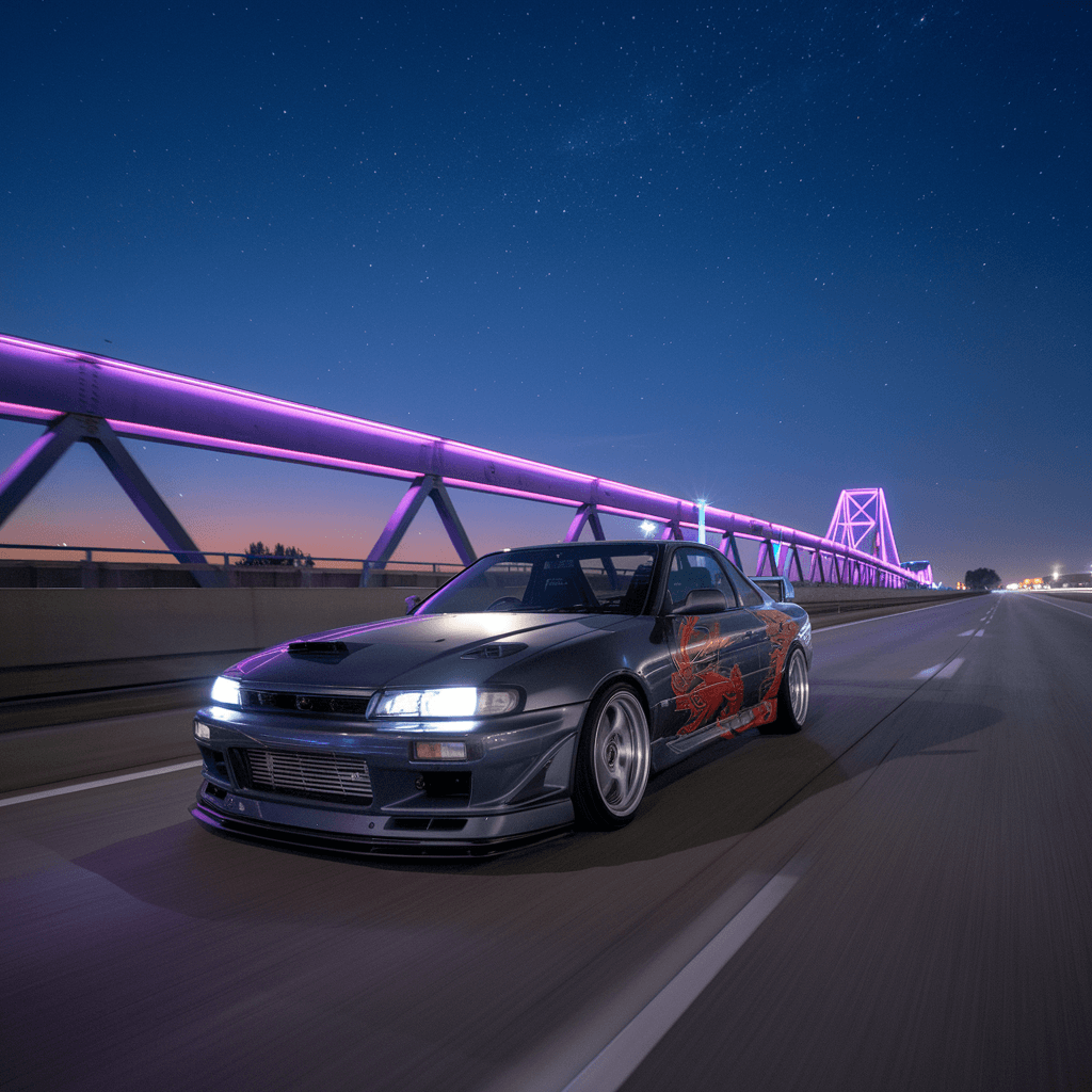 AI generated: Nissan r33 with dragon vinyls each side, driving through lakepalm straight highway with purple neon ...