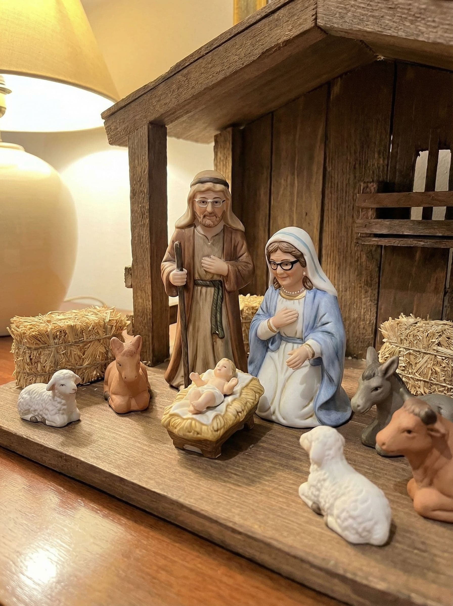 AI generated: take this couple and put like Jose in Maria in a nativity scene. they are figurines. keep the exact ...